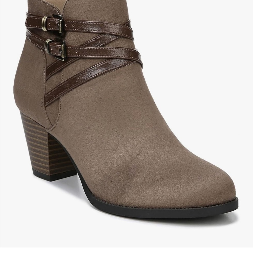 Lifestride Tan Jezebel Microsuede Uppers Ankle Boots with faux leather straps